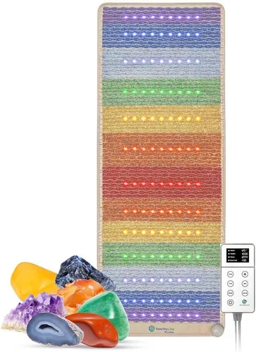 Vista 9 de HealthyLine Alfombrilla de chakra arcoíris – Reiki mejorado, yoga y masaje – Almohadilla térmica eléctrica de piedras preciosas con iones negativos