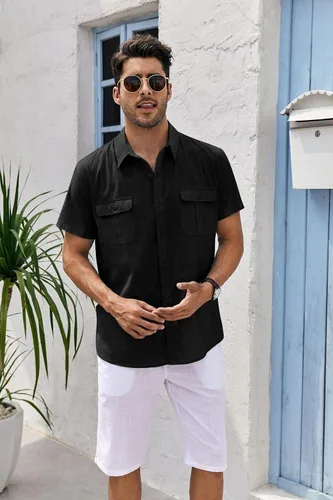 Vista 4 de Pengfei Mens Short Sleeve Shirts Linen Cotton Button Down Tees Spread Collar Plain Shirts A-Grey Large