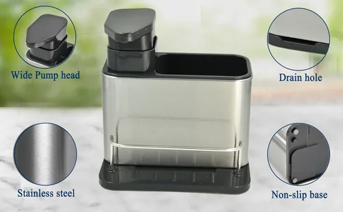 Vista 5 de Dispensador de jabón para fregadero de cocina y baño con soporte para esponja y soporte para cepillo, dispensador de jabón para platos