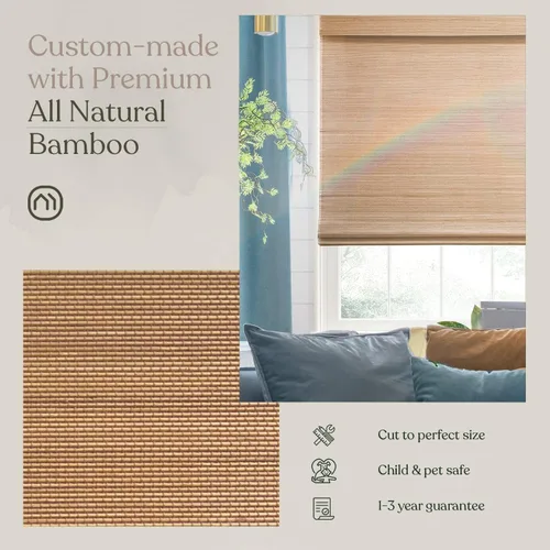 Vista 4 de MOOD Persianas de Bambú Personalizadas Tejidas Persianas Romanas de Bambú sin Cordón para Ventanas y Puertas (Tejido Natural) Madera de Nogal