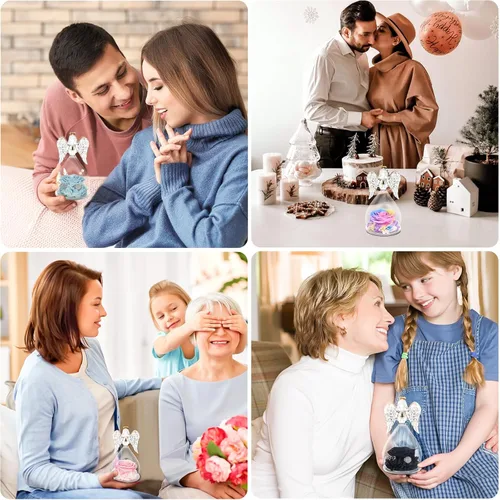 Vista 5 de Miofula Regalos para mamá, regalos de cumpleaños para mujeres, flores preservadas en figuras de ángel de cristal, flores frescas para entrega, Rosa