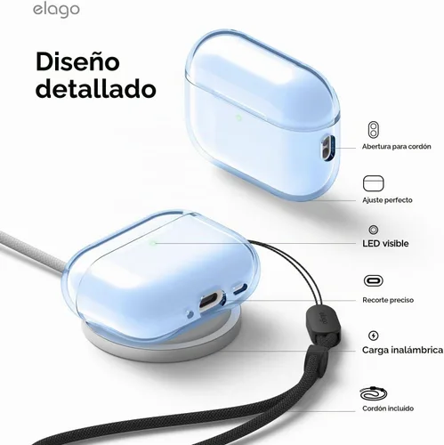 Vista 5 de elago - Funda transparente para AirPods Pro 3 Cordón incluido, correa incluida, reducción del amarilleo, a prueba de golpes, protección completa