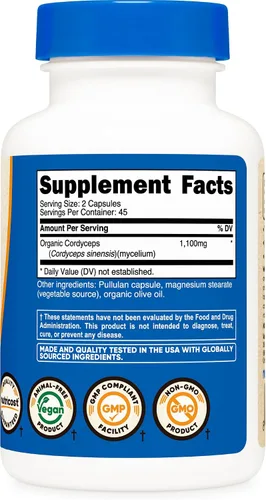 Vista 5 de Nutricost Cordyceps - Cápsulas de hongos de 1100 mg, 45 porciones – Certificado CCOF fabricado con orgánico, vegetariano, sin gluten, 550 mg por