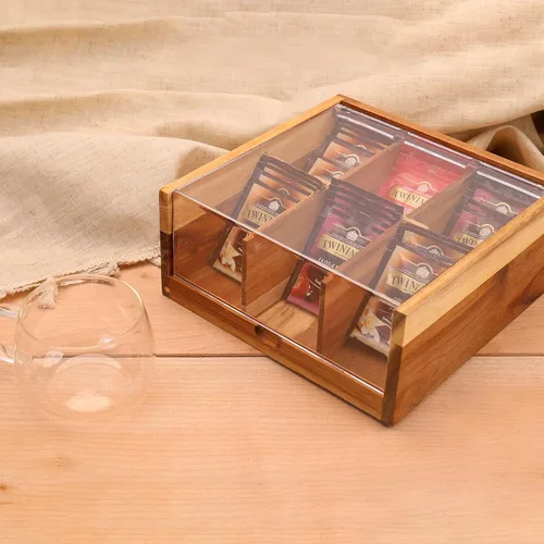 Vista 3 de HTB Organizador de bolsas de té de madera de acacia y cepillo para fregar platos de teca, 3