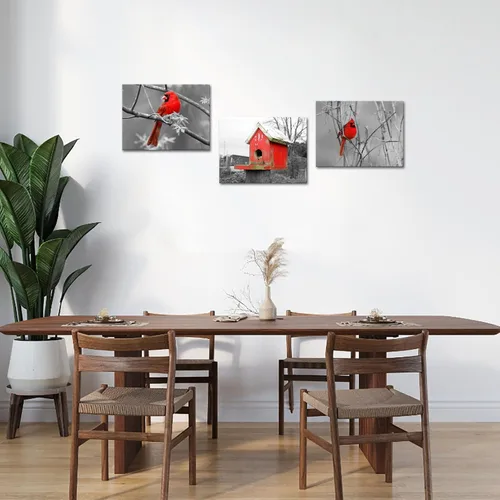 Vista 2 de SkenoArt 3 piezas de lienzo en blanco y negro para pared, póster cardenal rojo, pájaros, animales salvajes, pintura de paisajes de invierno
