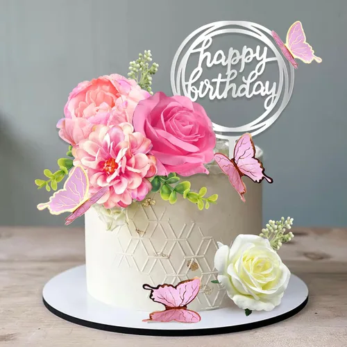 Vista 9 de 19 piezas de decoración de mariposa para pasteles, decoración de feliz cumpleaños con rosas azules artificiales, mariposas de eucalipto, suministros