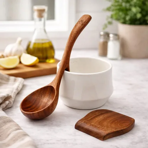 Vista 2 de Prime - Juego de cucharón de madera de teca con soporte para cuchara, cucharón de sopa grande y profundo con mango de gancho para cocinar, servir