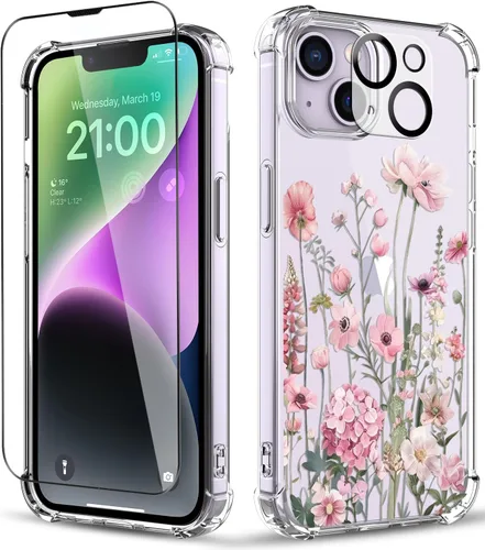 Vista 34 de Funda para iPhone 14, [3 en 1] con protector de pantalla y protector de lente de cámara, diseño de patrón de flores, transparente, suave, a prueba