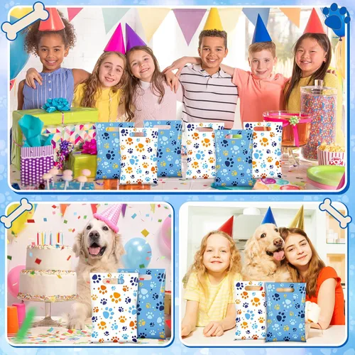Vista 6 de Pasimy 100 bolsas de regalo de pata de perro a granel, diseño de pata de mascota, bolsas de plástico con asa para decoración de fiesta de cumpleaños