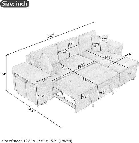 Vista 2 de Sofá cama modular modular modular en forma de L convertible de 3 plazas con diván de almacenamiento y 2 taburetes, juego de muebles reversibles