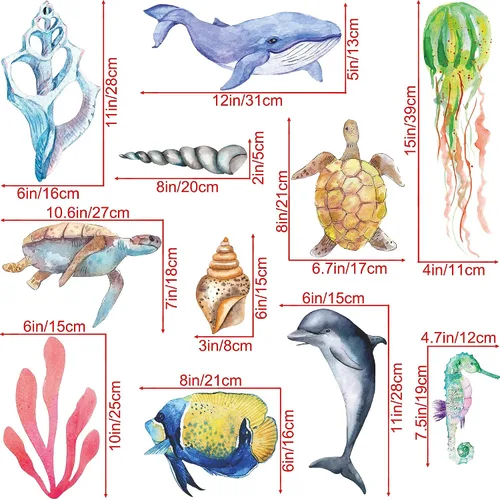 Vista 6 de 8 hojas de calcomanías de pared de animales bajo el mar, calcomanías de pared con temática de vida marina, calcomanías de pared de delfín Bonito