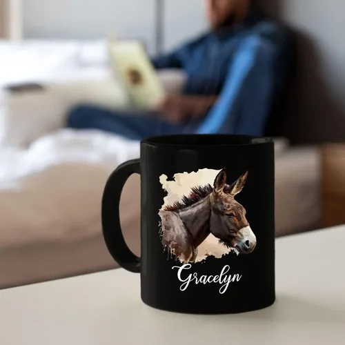 Vista 5 de Tazas de café Mule personalizadas para hombres y mujeres, regalos personalizados de burro y caballo de cerámica negra, regalos para amantes