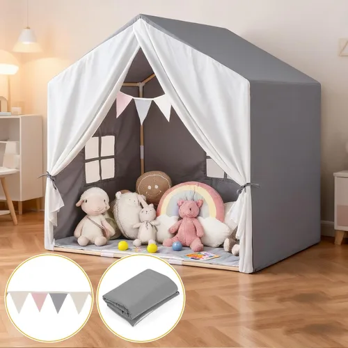 Vista 6 de Costzon Large Kids Tent with Mat, Children's Play Tent w/Flag Banner, Windows, Gauze Curtain, Solid Wood Frame, Indoor Outdoor Kids Playhouse for