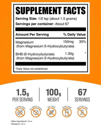 Vista 2 de BulkSupplements.com Polvo de Magnesio BHB - Sales de BHB, Polvo de Beta-HidroxiButirato - Sin Sabor y Sin Gluten, 1.5g por Porción, 100g (3.5 oz)