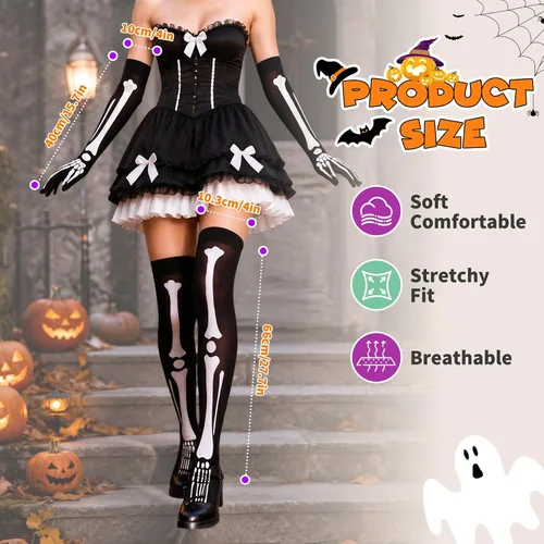 Vista 4 de Juego de medias y guantes de esqueleto luminosos de Halloween para fiesta y cosplay
