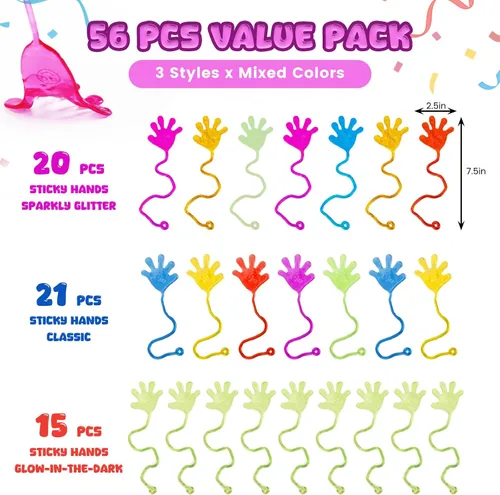 Vista 7 de POPLAY 56 unidades de manos pegajosas para fiestas, manos pegajosas brillantes y brillantes, juego de recuerdos de mesa para niños, bolsas