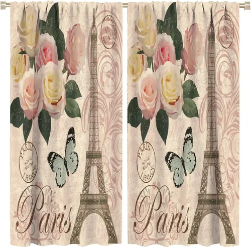 Vista 15 de Cortinas de la Torre Eiffel de París, pintura al óleo, flores moradas, torres de ciudad, con bolsillo para barra, cortinas de ventana