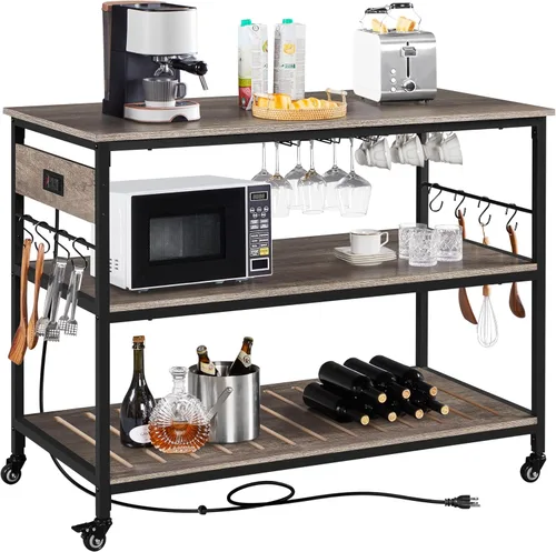 Vista 12 de Yaheetech Carrito de isla de cocina con toma de corriente, carritos de cocina con ruedas con almacenamiento, soporte de microondas de 3 niveles