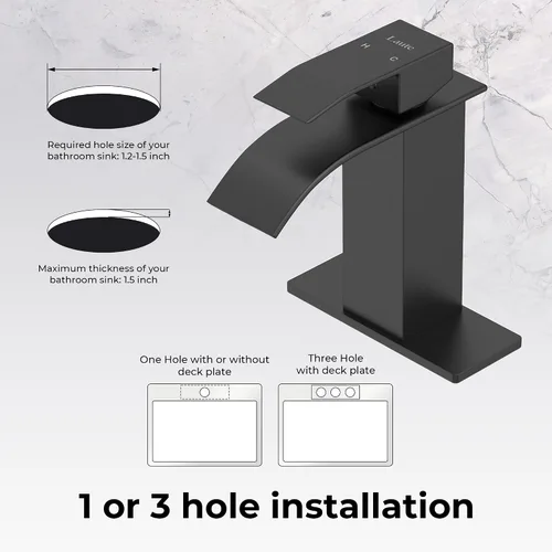 Vista 4 de Grifo de lavabo negro mate de 1 o 3 agujeros, grifos de una sola manija para fregadero de baño, lavabo de tocador moderno con drenaje emergente