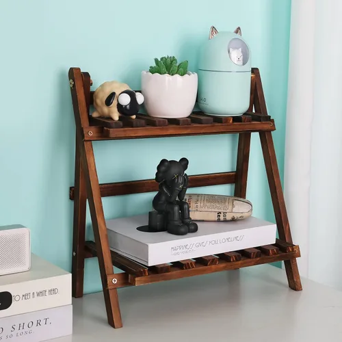Vista 7 de Jotsport Soporte de mesa de 2 niveles para plantas, estilo escalón, organizador de almacenamiento de escritorio, estante de exhibición de madera