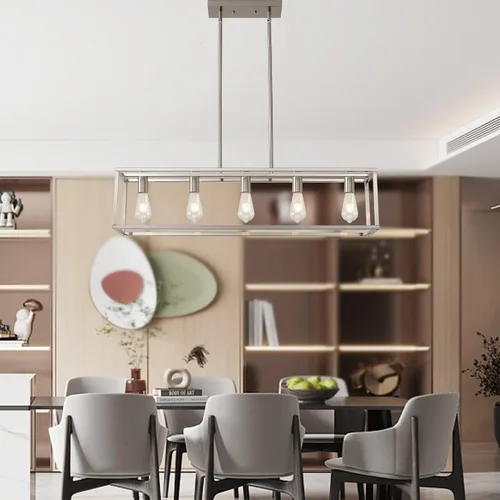 Vista 4 de 5 luces de isla de iluminación de níquel cepillado para comedor, lámpara colgante de granja moderna isla de cocina, iluminación lineal de granja