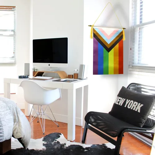Vista 7 de CANTENDO Paquete de 2 banderas de pared con diseño de arco iris del progreso del orgullo progresivo, bandera colgante gay LGBTQ con poste colgante