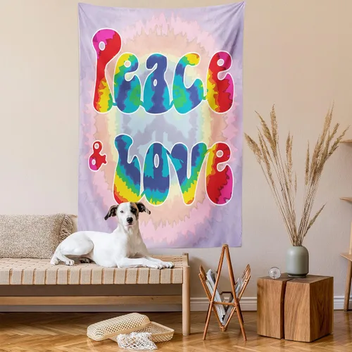 Vista 2 de Ambesonne Tapiz Groovy, texto de paz y amor en patrón de efecto teñido anudado, enérgico, juvenil, divertido hippie de los años 60 y 70, decoración
