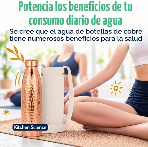 Vista 6 de Kitchen Science - Botella de agua de cobre martillado de 34 onzas con bolsa de transporte, a prueba de fugas, resistente, botella ayurvédica