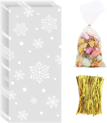 Vista 13 de CCINEE Bolsas de celofán de Navidad, bolsas de golosinas surtidas de Navidad con lazos torcidos, bolsas de galletas de caramelo para suministros