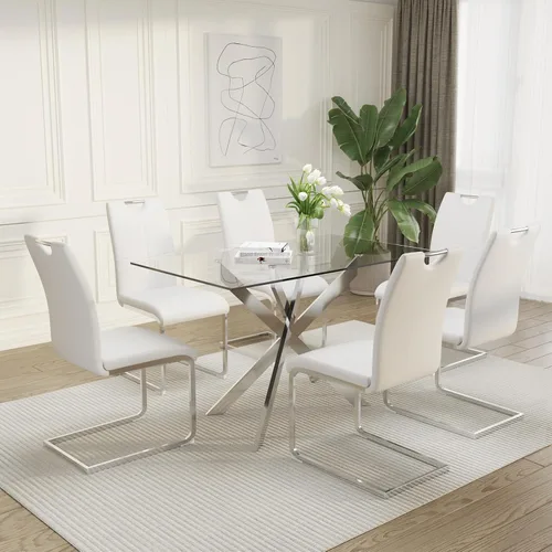 Vista 9 de Juego de mesa de comedor de vidrio de 51 pulgadas para 4 personas con tapa de vidrio templado, color negro Patas de metal negro, sillas de cuero
