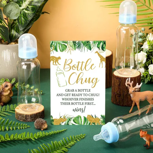Vista 5 de TrelaCo Safari Cool Baby Shower Games Bottle Chug Sign Wooden Jungle Animals Set de regalo para revelación de género suministros de fiesta y 12