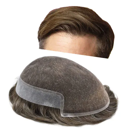 Vista 47 de Tupé de encaje suizo para hombres, piezas de cabello humano real, encaje frontal, sistema de reemplazo de cabello tipo tupé, nudo blanqueado, línea