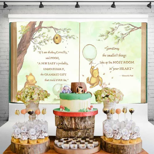 Vista 2 de Fondo vintage Pooh Bear Baby Shower Género Neutral Retro Libro Gigante Árbol Primavera Fondo Clásico Recién Nacido Cita Globo Verde Banner 5x3 ft 144