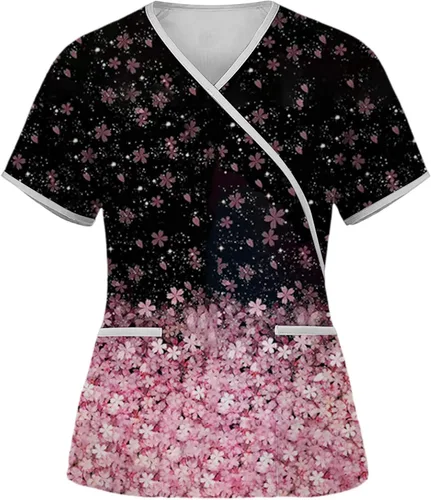 Vista 2 de Camisetas de Navidad con estampado de mujer, uniformes de enfermera para mujer, camisetas de manga corta con cuello en V y bolsillos
