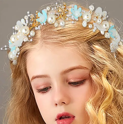 Vista 6 de Campsis Diadema para niñas con perlas y flores, diadema de boda de cristal azul, accesorios para el cabello para niñas