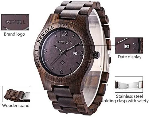 Vista 3 de Bewell W086B - Reloj de pulsera para hombre de madera analógico de cuarzo ligero hecho a mano de madera