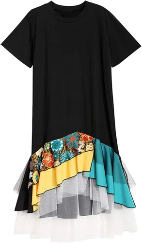 Vista 2 de LUAN Vestido de fiesta de verano para mujer con bordado floral cuello redondo manga corta vestido de fiesta en la playa negro talla única