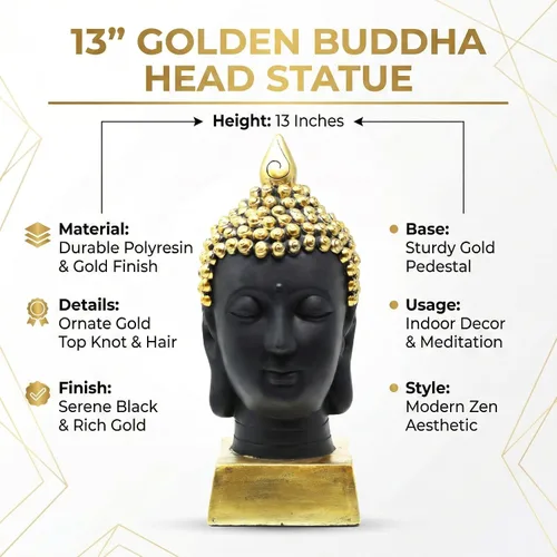 Vista 4 de Seraphic Estatua de cabeza de Buda para decoración del hogar o al aire libre, dorada, 13 pulgadas de alto