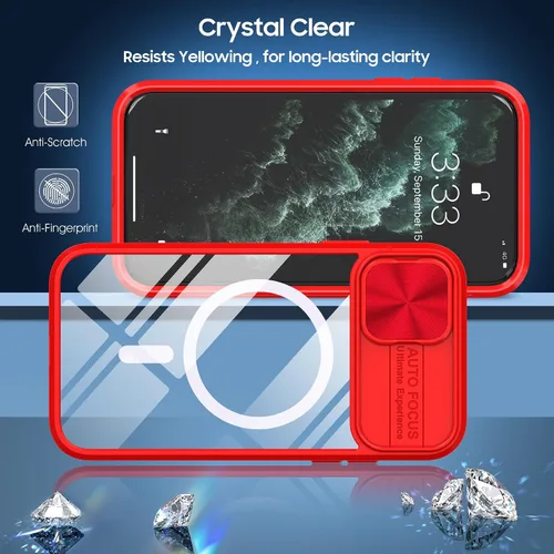 Vista 2 de Funda para iPhone 11 Pro Max compatible con Magsafe con cubierta de cámara deslizante, grado militar, resistente a los golpes, resistente, Rojo