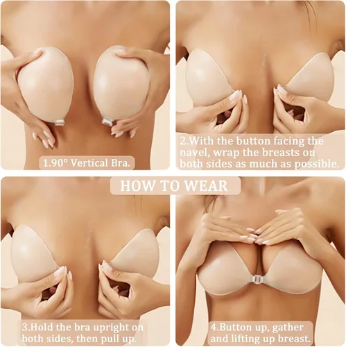 Vista 5 de FULNEW Sujetador adhesivo de silicona invisible Push Up para vestido sin espalda con cubiertas reutilizables para pezones