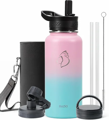 Vista 29 de BUZIO Botella de agua de 32 onzas aislada con popote y 3 tapas y bolsa de transporte, a prueba de fugas, frasco jarra de agua de acero inoxidable
