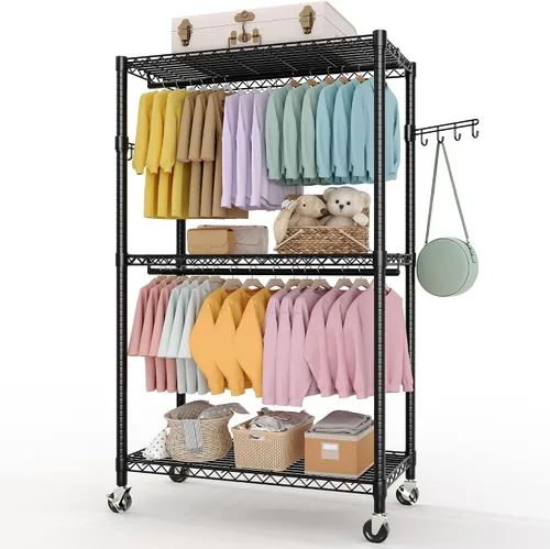 Vista 14 de Perchero de ropa resistente, perchero portátil de metal con estantes ajustables de 3 niveles, estantes de ropa independientes para colgar ropa