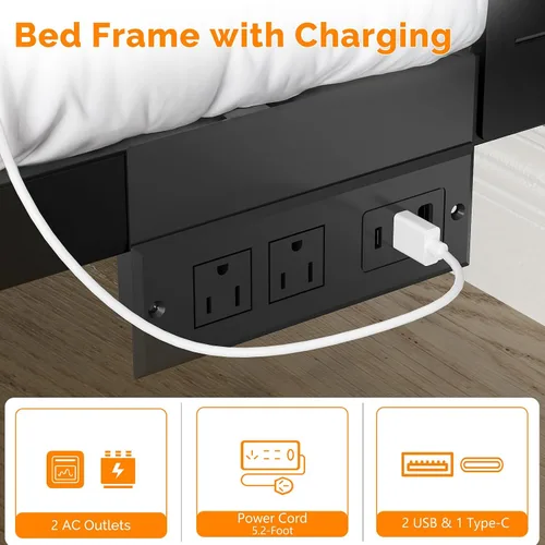 Vista 8 de VINGLI Base de cama de plataforma completa con espacio de almacenamiento debajo de la cama de 12 pulgadas, cabecero y estribo LED RGB, 2 puertos