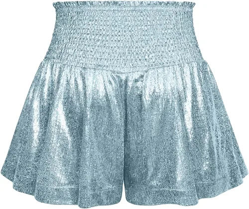 Vista 6 de Pantalones cortos deportivos, elásticos, ligeros, con purpurina, sueltos, acampanados, de cintura alta, para mujer, pantalones de tiro alto, SL2.