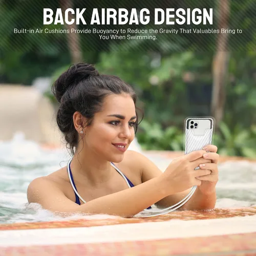 Vista 6 de Funda impermeable para teléfono [diseño de bolsa de aire flotante] Funda universal IPX8 para teléfono celular con cordón para iPhone 16 15 14 13 Pro