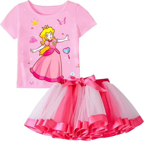 Vista 2 de SHELOVESIT Conjunto de disfraz de princesa melocotón para niñas, vestido de tutú de princesa de Super Bros para cosplay, fiesta de Halloween