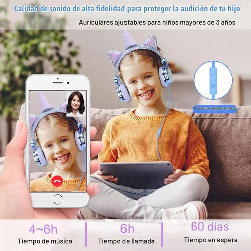 Vista 4 de TCJJ Unicorn - Auriculares con cable para niños con micrófono, conector de Azul
