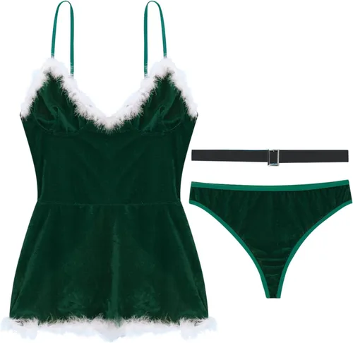 Vista 5 de Ropa interior de Navidad para mujer, sin mangas, de terciopelo, sexy, minivestido con bragas, cinturón, camisón de Santa Verde oscuro