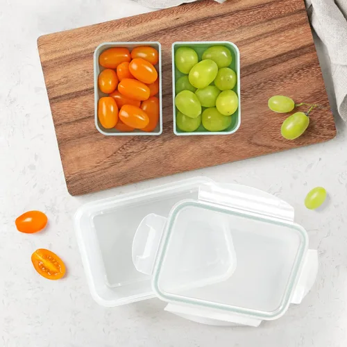 Vista 5 de Recipiente para alimentos con 2 compartimentos, color verde, 2 tazas (16.2 fl oz) Recipientes para aperitivos, compartimentos extraíbles, tapas