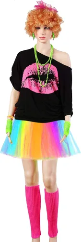Vista 6 de Blulu 80s Costume Accessories for Women Halloween Outfit Dress Neon Leg Warmers Fishnet Gloves T-shirt Tutu Headband